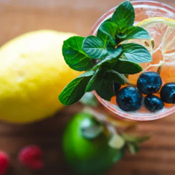 Aerial View of Icy Drink with Blueberries, Lemon, and Mint