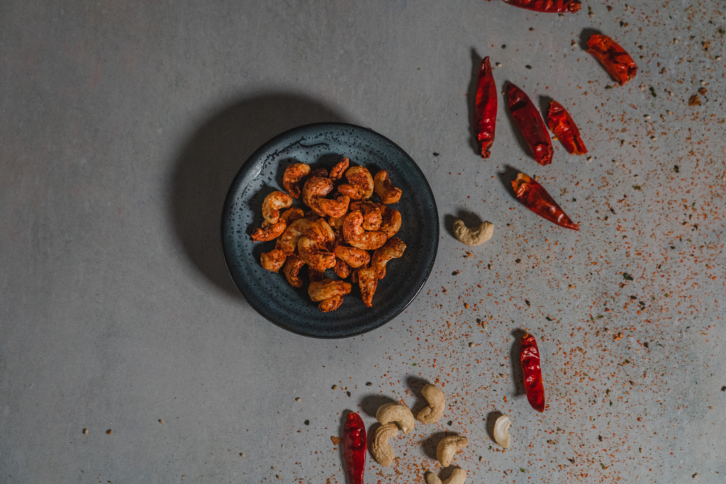 Spiced Cashews in Coal-Colored Ceramic Bowl