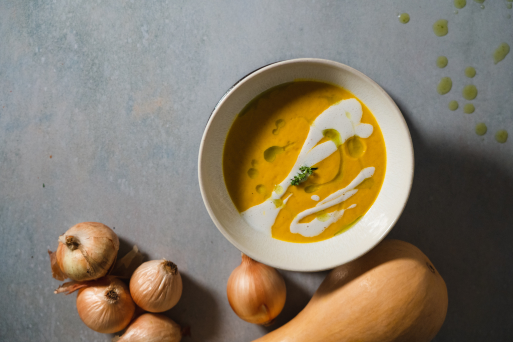 Aerial View of Creamy Squash and Onion Soup