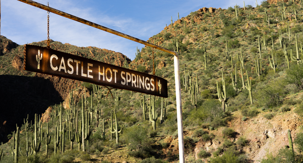 Castle Hot Springs Resort sign, a luxury hot springs resort in USA in the Sonoran Desert