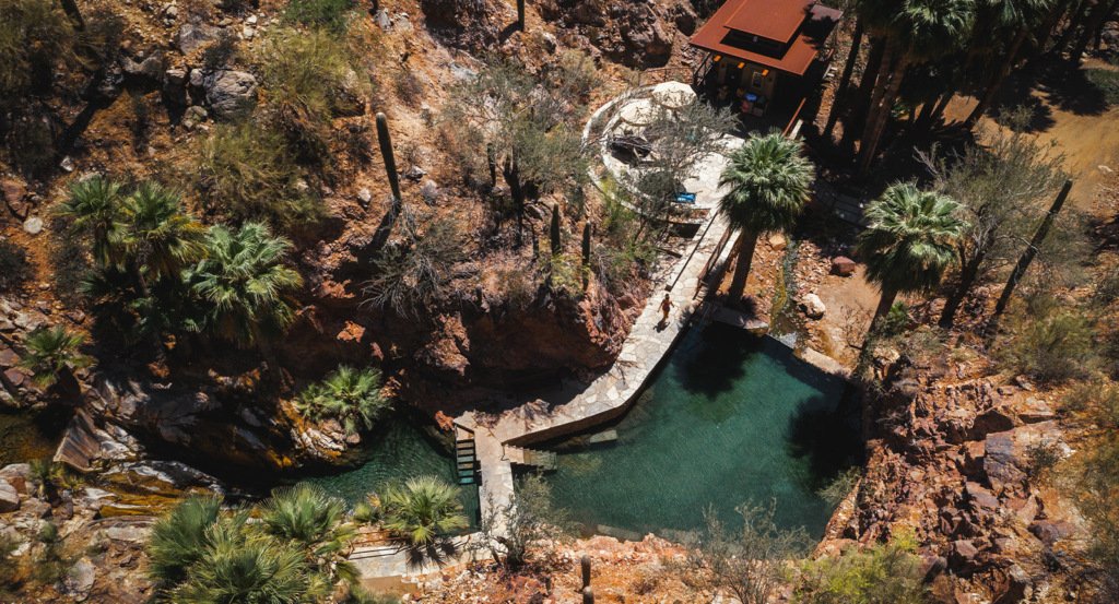 Overhead view of the hot springs at luxury Arizona resort, Castle Hot Springs
