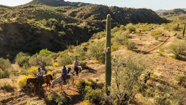 Three people horseback riding in the Arizona desert at Castle Hot Springs