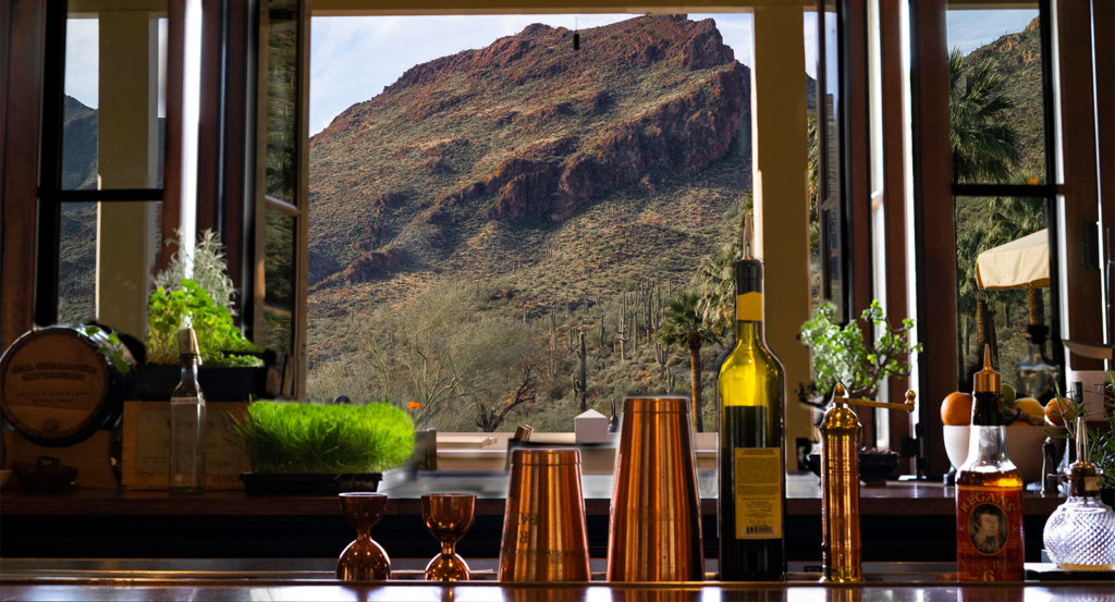 Bar 1896 overlooking the mountains at Castle Hot Springs, a top Arizona resort