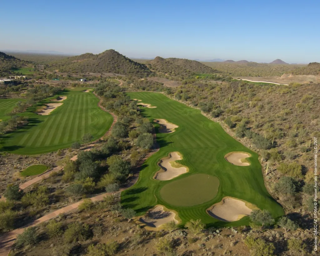 Aerial photo of Quintero Golf Club golf course with mountains in Arizona