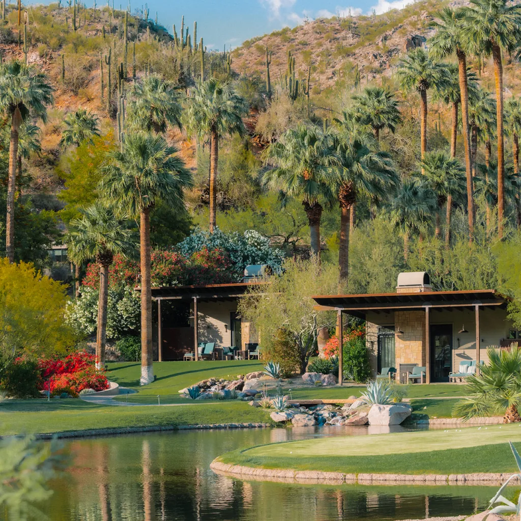 A serene landscape with a pond, palm trees, and luxury accommodations in Arizona.