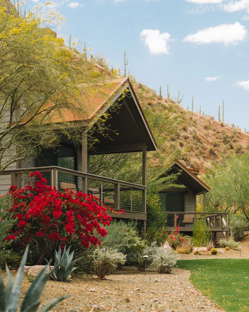 Desert cabin at an all-inclusive Arizona resort, framed by blooming red flowers.
