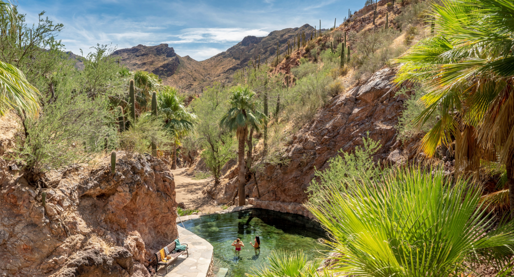 Two guests in the hot springs with a view of the desert.