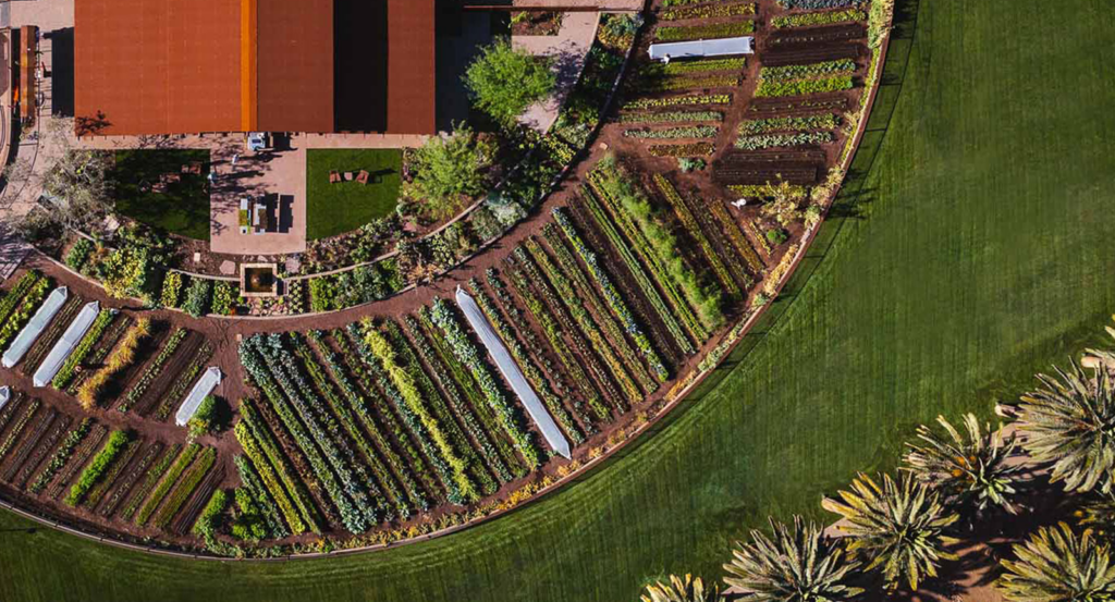 An aerial view of the Farm, serving farm-to-table dining at Castle Hot Springs.