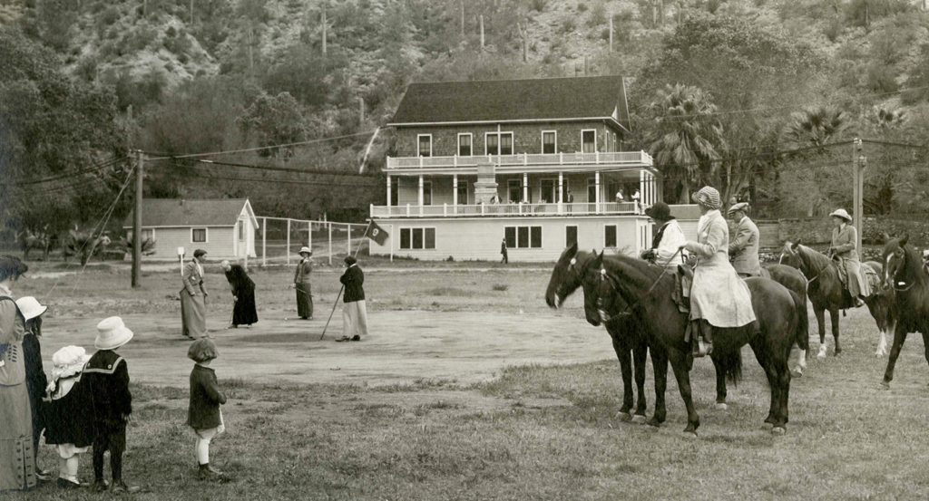 A black and white historic photograph of Castle Hot Springs