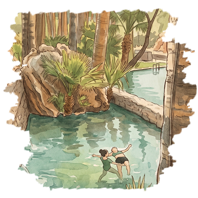 Illustration of a Woman Soaking in a Hot Spring during a Watsu Therapy Session