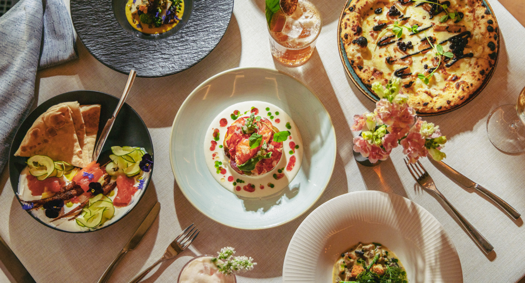 overhead view of farm to table restaurant dishes at Harvest