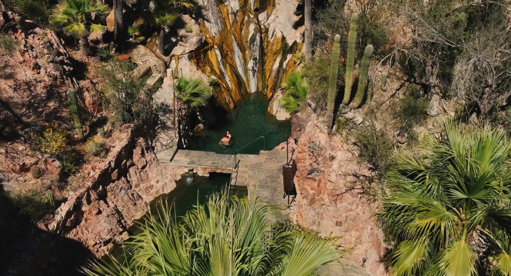 Overhead view of two mineral hot spring pools