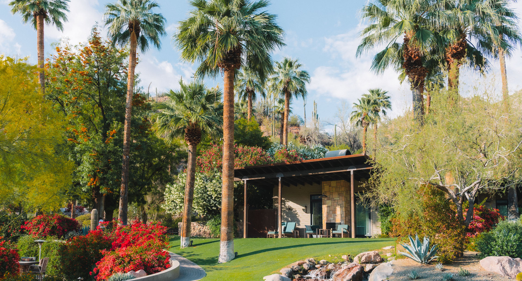 A spring bungalow surrounded by palm trees at an arizona all inclusive resort