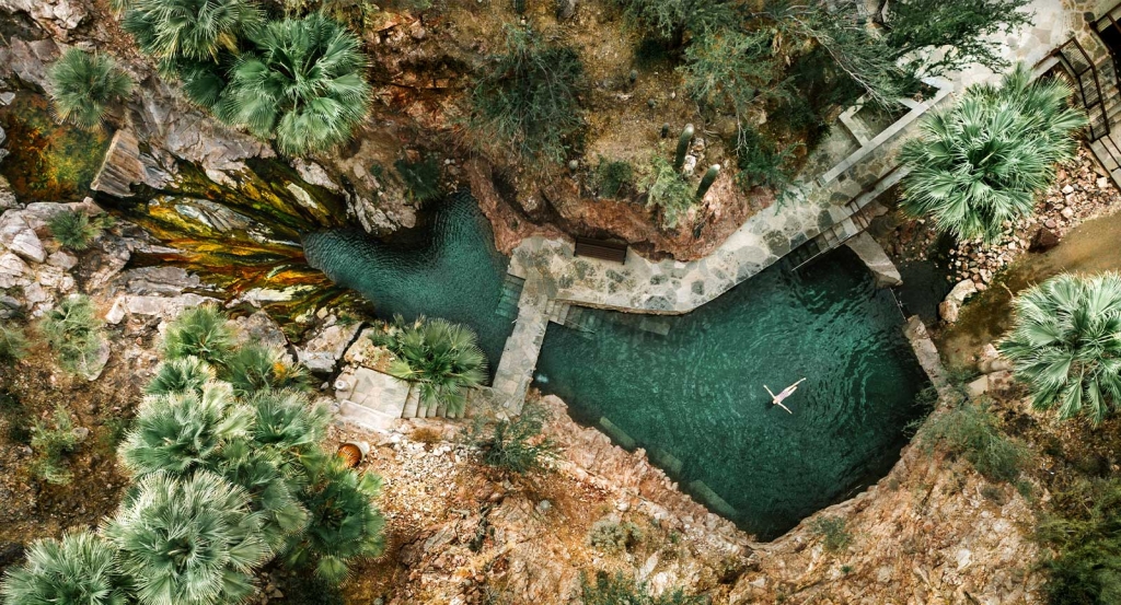 An overhead view of the warm mineral springs at Castle Hot Springs