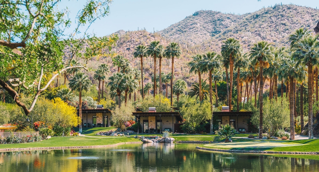 Spring bungalows next to a lake at Castle Hot Springs